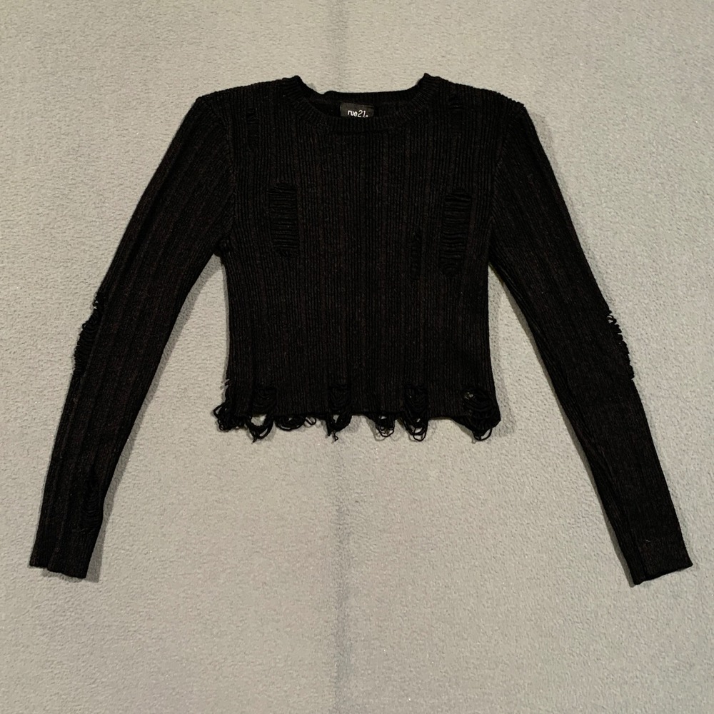 rue21 Distressed Crop Sweater Womens Small Black Ribbed Shredded Grunge Edgy